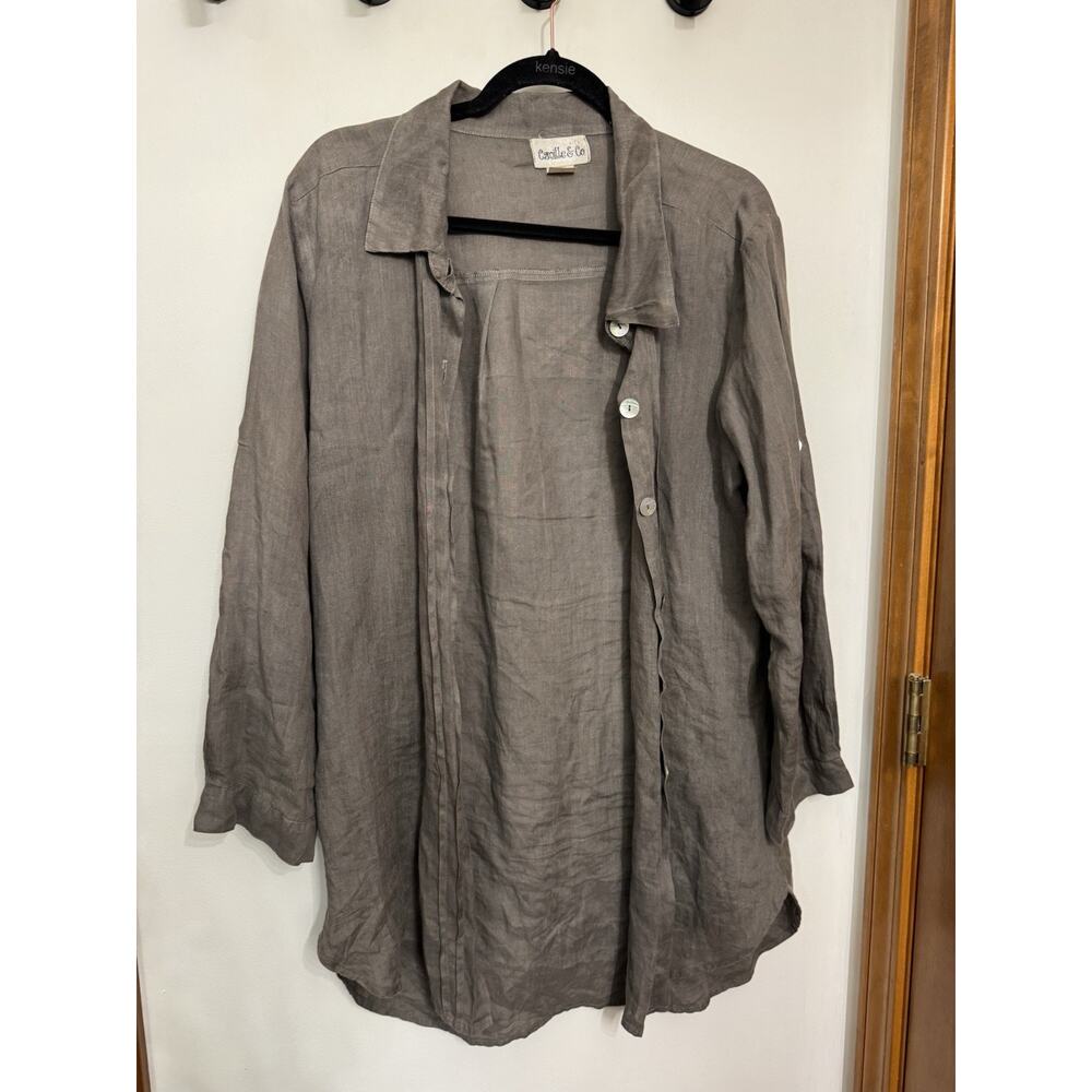 Camille And Co. Linen Tunic Green Gray Button 100% Linen medium
